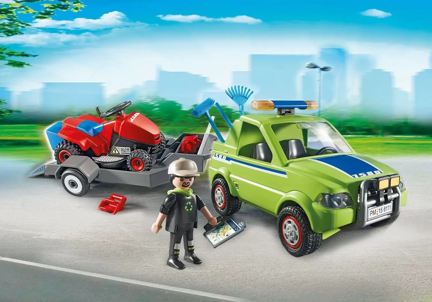 Playmobil dans la ville - Jardinier avec véhicule et tracteur tondeuse