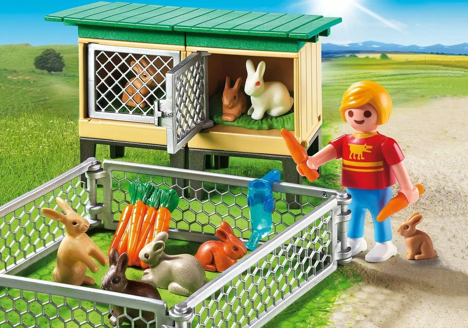 Playmobil Fermiers - Enfant avec enclos à lapins et clapier