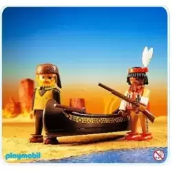 Indien et trappeur dans canoe