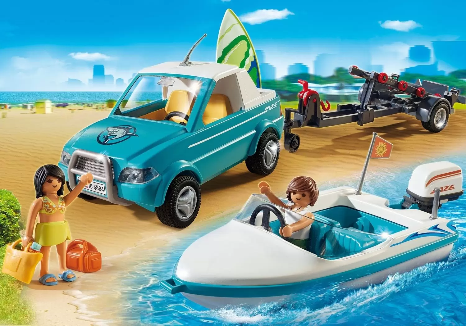 Playmobil Port & Plaisance - Voiture avec bateau sur remorque et moteur submersible