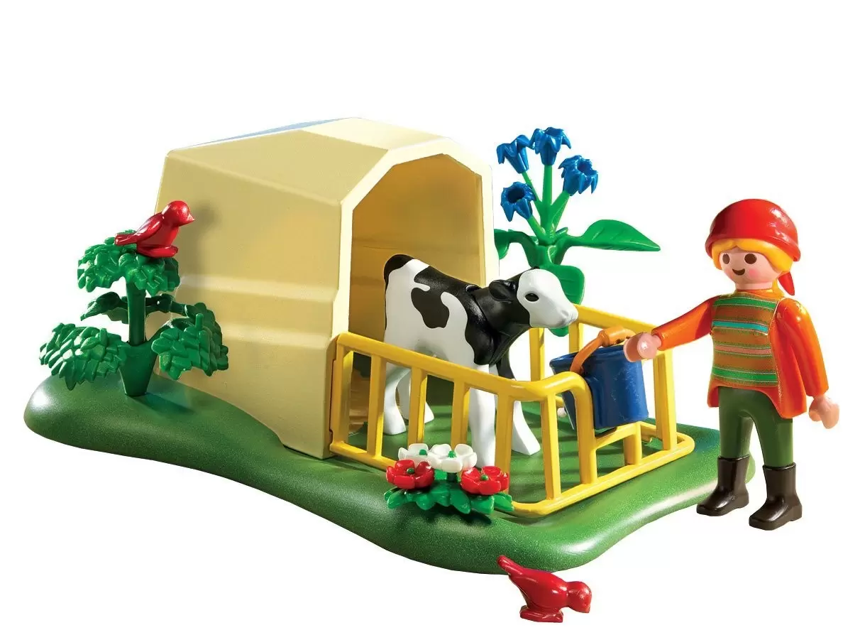 Playmobil Fermiers - Abri avec veau et fermière