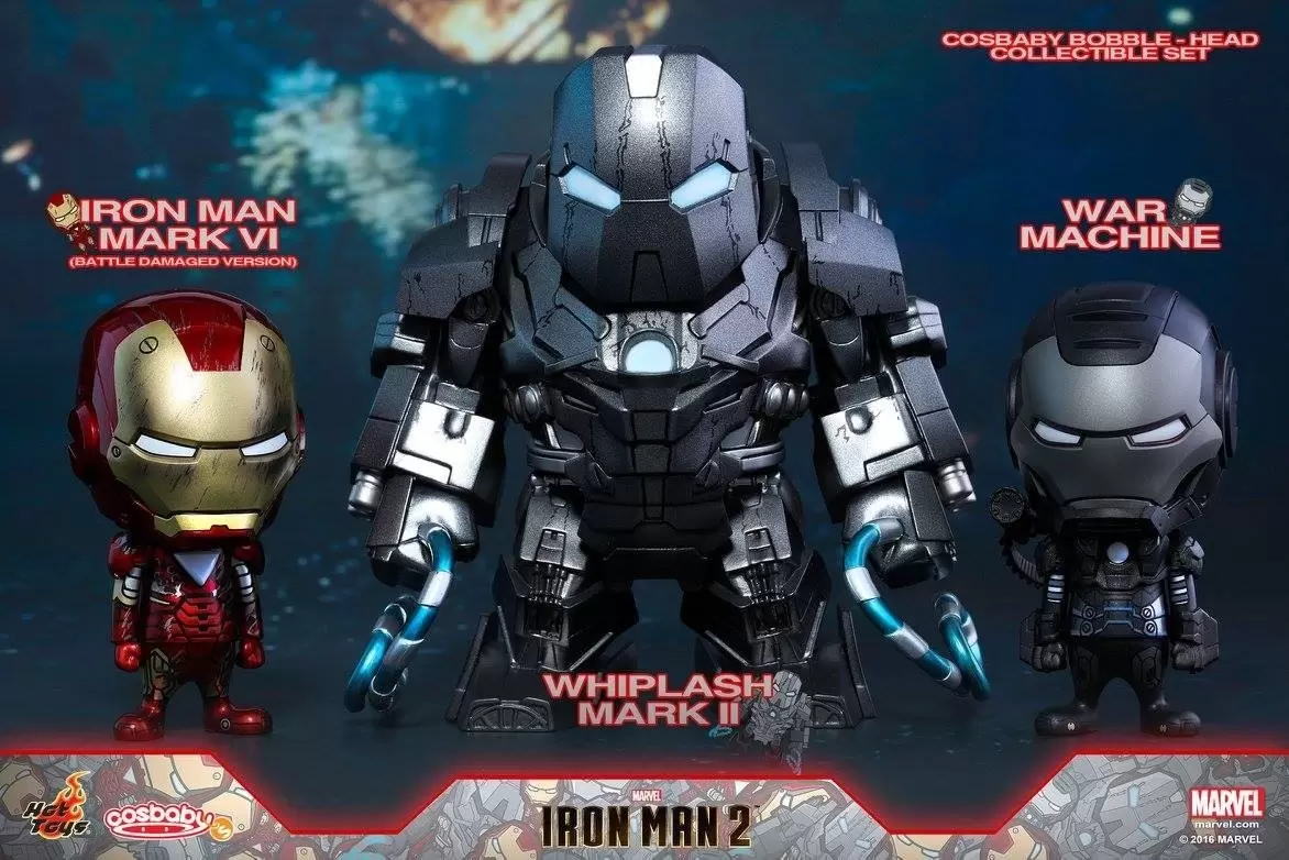 Cosbaby Figures - Iron Man Mark VI Battle Damaged Version, War Machine And Whiplash Mark II 3 Pack