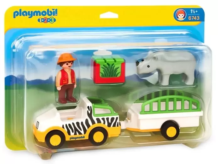 Playmobil 1.2.3 - Gardien de zoo / véhicule / rhinocéros