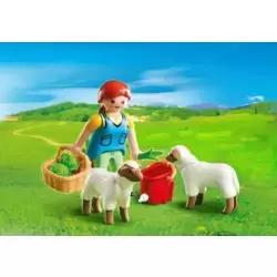 Country Woman with Sheep Feed