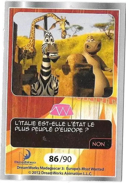 Le Collector Madagascar 3 (CORA / Match) - MARTY,MELMAN ET GLORIA- Carte Argent - Question 1