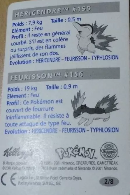 Carte Pokémon Kellogg\'s Johto - Héricendre et Feurisson