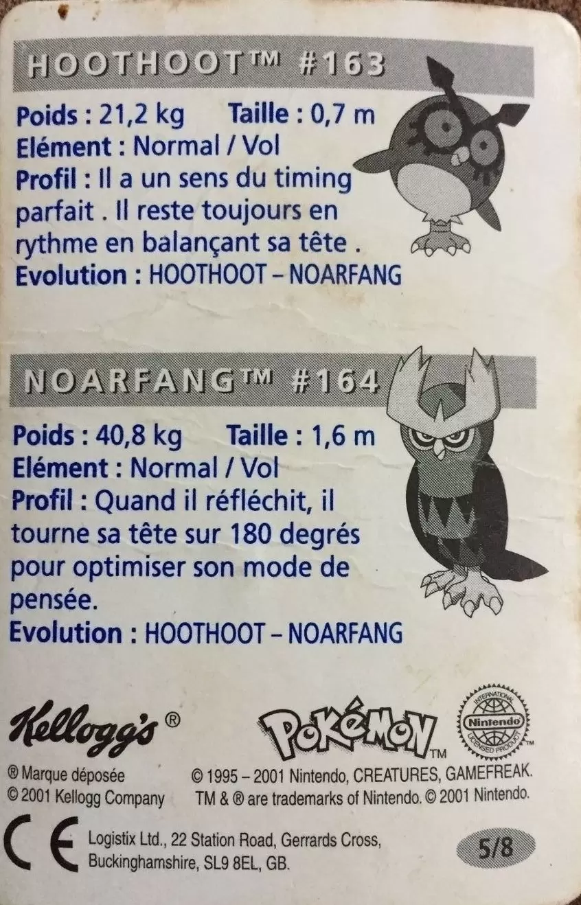 Carte Pokémon Kellogg\'s Johto - Hoothoot et Noarfang
