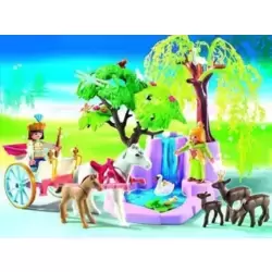 Princess and Prince with Chariot and Waterfall