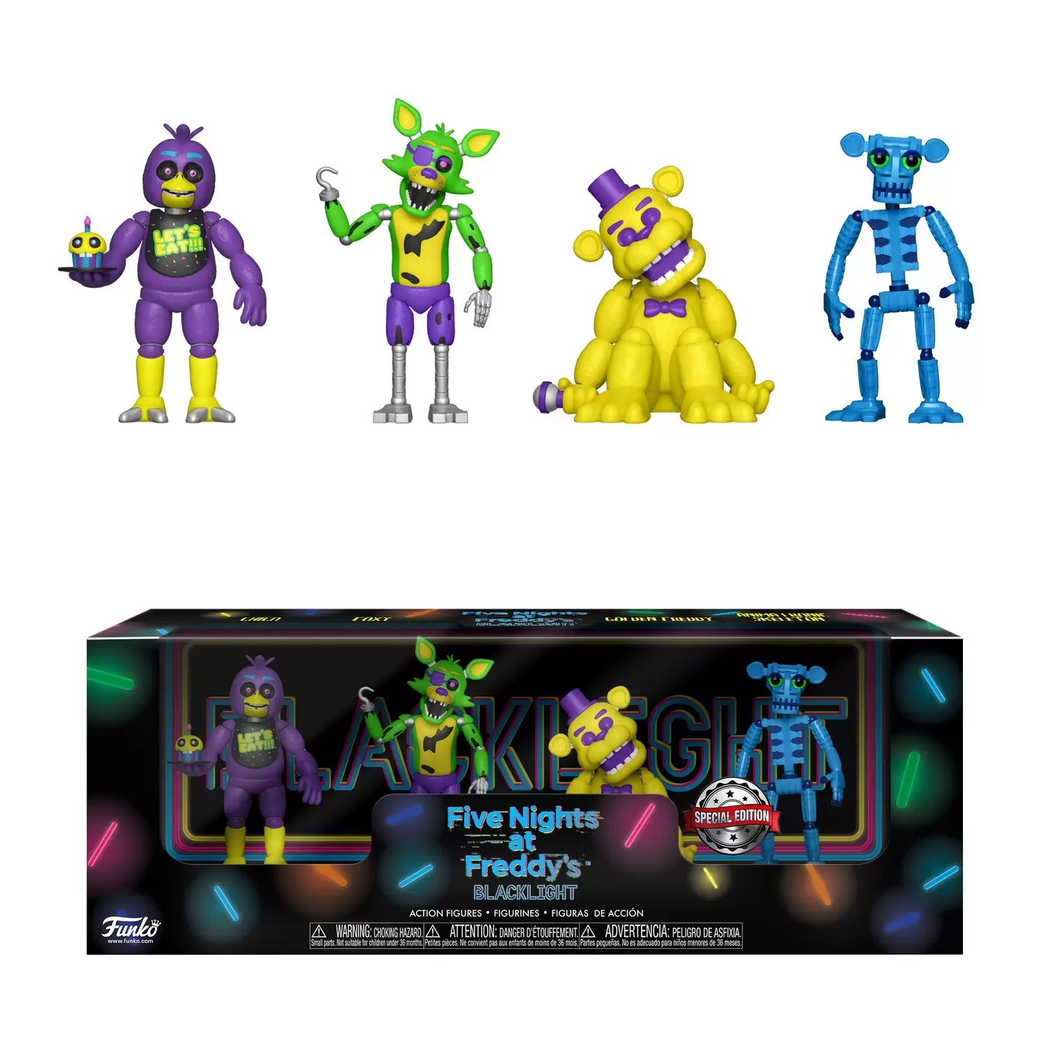 Five Nights at Freddy\'s - BlackLight - Chica, Foxy, Freddy and Animatronic Skeleton 4 Pack