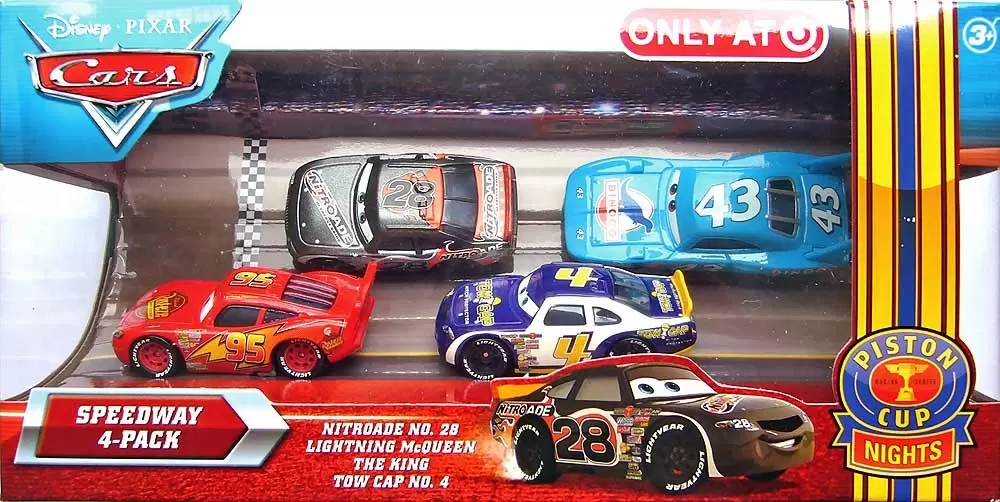 Cars 1 models - Speedway 4 Pack - Nitroade No.28, Lightning McQueen, The King &T own Cap No.4