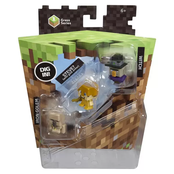 Minecraft Mini Figures Series 1 - Triple Pack - Iron Golem, Steve? Gold Armor, Witch