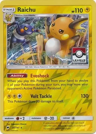 Burning Shadows - Raichu Reverse 1st Place Pokemon League