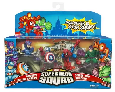 Marvel Super Hero Squad Action Figures - Hawkeye, Wrecker, Captain America & Spider-Man 4 Pack