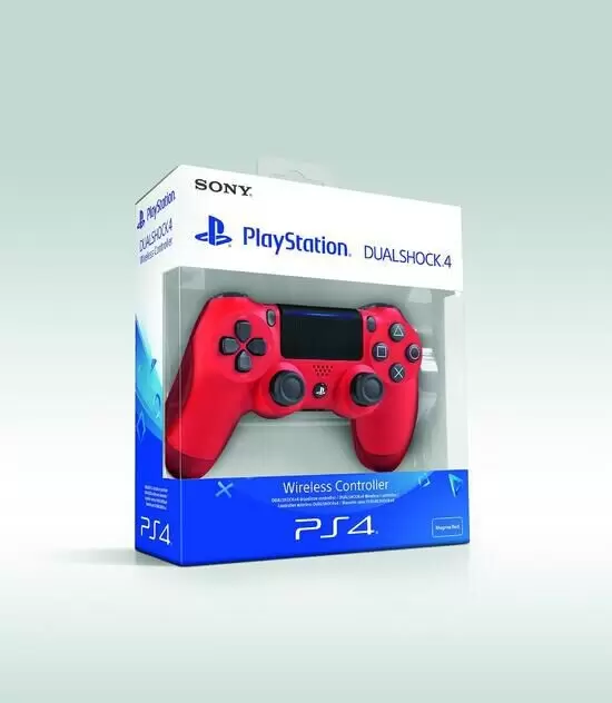 Red Dualshock 4 controller, PS4 packaging.  Dualshock, Wireless controller,  Ps4 controller