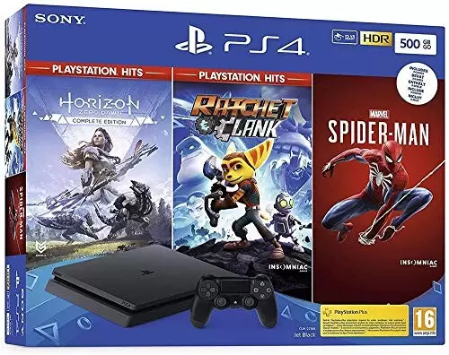 PS4 Stuff - Pack PS4 500 Go noire + Marvel\'s Spiderman + Horizon Zero Dawn + Ratchet & Clank Hits