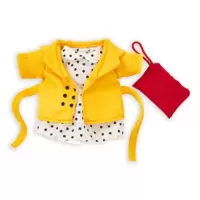 Yellow Coat with Polka Dot Dress and Red Clutch