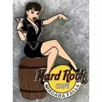 Waitress on barrel facing right