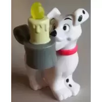 Dalmatian Holding a gray tin with candle in his mouth