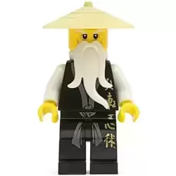 Wu Sensei - Black Kimono with Gold Symbols, Dark Bluish Gray Sash, Tan Asian Hat, White Beard