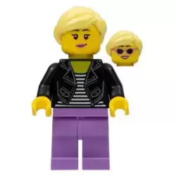 Woman, Black Leather Jacket, Medium Lavender Legs, Bright Light Yellow Hair