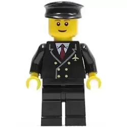 Airport - Pilot with Red Tie and 6 Buttons, Black Legs, Black Hat, Brown Eyebrows, Thin Grin