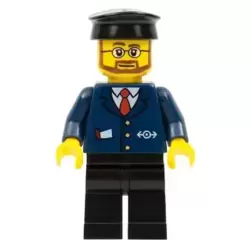 Dark Blue Suit with Train Logo, Black Legs, Black Hat, Beard and Glasses