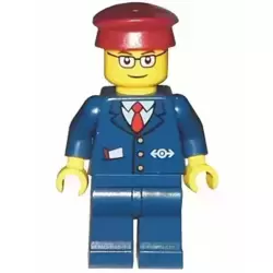 Dark Blue Suit with Train Logo, Dark Blue Legs, Dark Red Hat, Rectangular Glasses - Passenger Train Engineer
