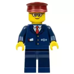 Dark Blue Suit with Train Logo, Dark Blue Legs, Dark Red Hat, Rounded Glasses - Tram Driver
