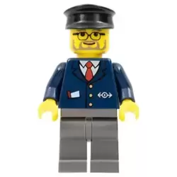 Dark Blue Suit with Train Logo, Dark Bluish Gray Legs, Black Hat, Gray Beard