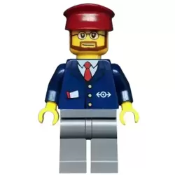 Dark Blue Suit with Train Logo, Dark Bluish Gray Legs, Dark Red Hat, Beard and Glasses