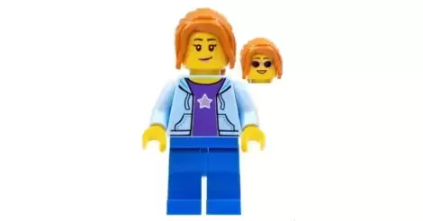 Hiker, Female, Bright Light Hoodie Dark Bangs Minifigures over Blue Shirt, Orange City with Dark Ponytail - Lego Long Side Star Purple