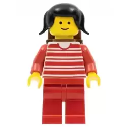 Horizontal Lines Red - Red Arms - Red Legs, Black Pigtails Hair, Brown Backpack