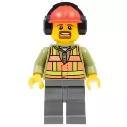 Light Orange Safety Vest, Dark Bluish Gray Legs, Red Construction Helmet with Headset, Brown Moustache and Goatee