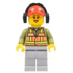 Light Orange Safety Vest, Light Bluish Gray Legs, Red Cap with Hole, Headphones, Peach Lips