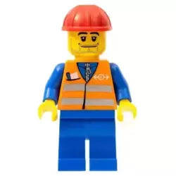 Orange Vest with Safety Stripes - Blue Legs, Beard Stubble, Red Construction Helmet