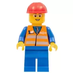 Orange Vest with Safety Stripes - Blue Legs, Gray Frame Glasses, Red Construction Helmet