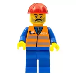 Orange Vest with Safety Stripes - Blue Legs, Moustache, Red Construction Helmet