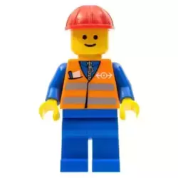Orange Vest with Safety Stripes - Blue Legs, Red Construction Helmet