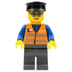 Orange Vest with Safety Stripes - Dark Bluish Gray Legs, Glasses, Black Hat