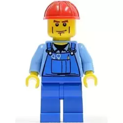 Overalls with Tools in Pocket Blue, Red Construction Helmet, Cheek Lines