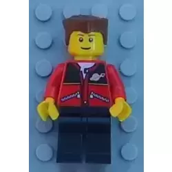 Red Jacket with Zipper Pockets and Classic Space Logo, Black Legs, Reddish Brown Flat Top Hair