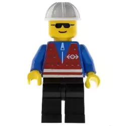 Red Vest and Zipper - Black Legs, White Construction Helmet, Sunglasses