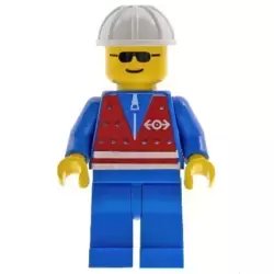Red Vest and Zipper - Blue Legs, White Construction Helmet, Sunglasses