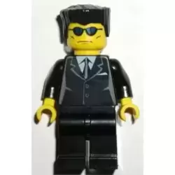 Suit Black, Flat Top, Blue Sunglasses