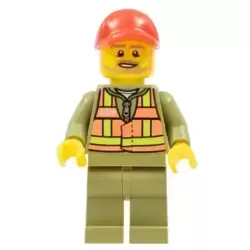 Train Driver - Orange Safety Vest with Lime Straps, Olive Green Legs, Red Cap with Hole, Beard Dark Tan Angular
