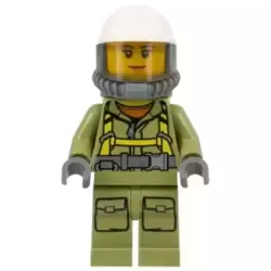 Volcano Explorer - Female Worker, Suit with Harness, Construction Helmet, Breathing Neck Gear with Air Tanks, Trans-Black Visor