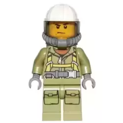 Volcano Explorer - Male Worker, Suit with Harness, Construction Helmet, Breathing Neck Gear with Yellow Air Tanks, Trans-Black Visor, Sweat Drops