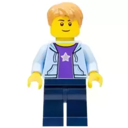 Boy, Bright Light Blue Hoodie with White Star, Dark Blue Legs, Medium Nougat Hair Short Tousled with Side Part
