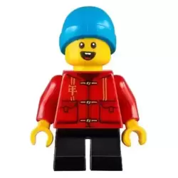 Child Boy, Red Shirt, Black Short Legs, Dark Azure Beanie