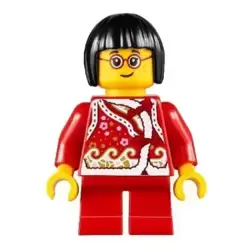 Child Girl, Red Shirt with Bows and Flowers, Red Short Legs, Black Short Hair, Glasses